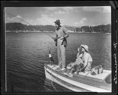 Actors Rod La Rocque and Vilma Banky fishing, Lake Arrowhead, 1929