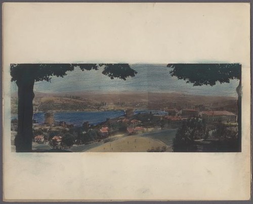 Hand-colored sample print with view towards the Boğaziçi Üniversitesi campus (formerly part of Robert College), Istanbul, 1925 or 1935