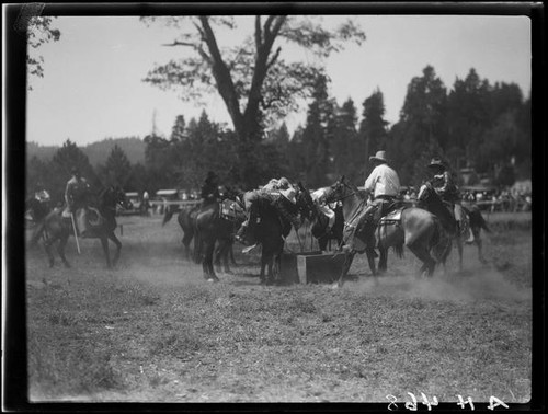 Rodeo riders performing, Lake Arrowhead Rodeo, Lake Arrowhead, 1929