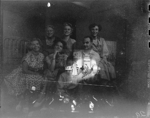 Double exposure: Production of opera La Boheme, Santa Monica, 1955, and group of 6 people posing