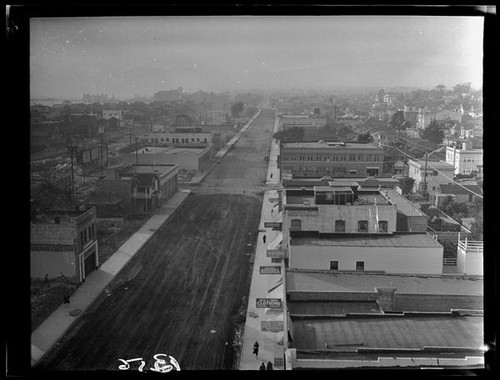 Birdseye view down Main Street during construction to widen the street, Santa Monica, 1930