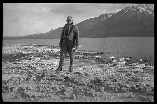 Man standing on shore of Mono Lake, Mono County, [1929?]