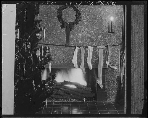 Fireplace and Christmas decorations, [Santa Monica, 1929]