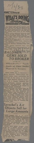 Photograph of newspaper article, Baldwin Gems Sold to Broker, 1930