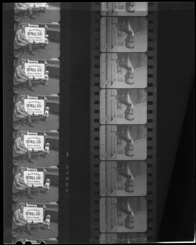 Man and child with sign announcing Near East Relief Bundle Day, and portrait of Adelbert Bartlett, on 2 filmstrips, [1921-1939?]