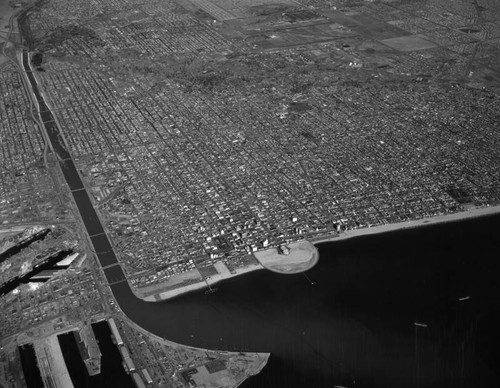 Aerial view of Long Beach, Pike and Municipal Auditorium, looking north