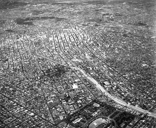 Exposition Park, Civic Center, and 110 Freeway, looking northeast