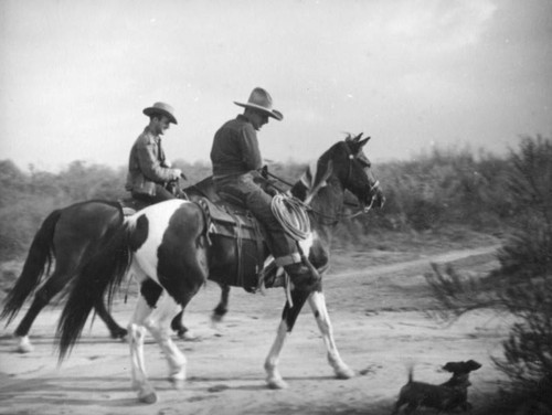 Mounted sheriffs and dog after the flood in El Monte