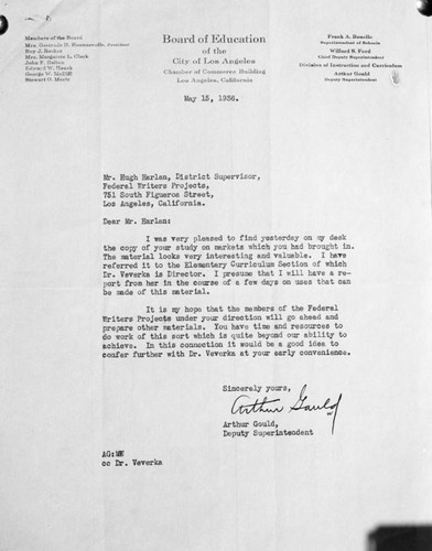 Arthur Gould letter to Hugh Harlan