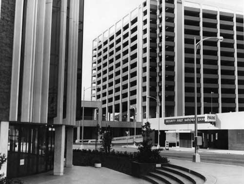 Parking garage by office buildings