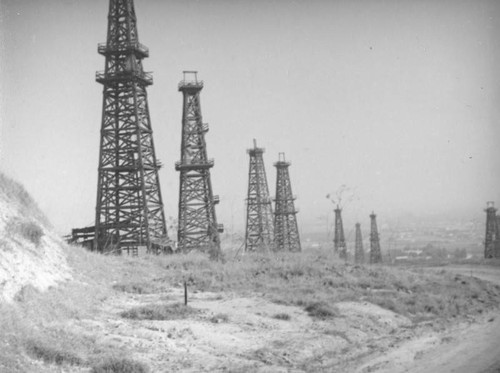 Line of derricks in the Montebello oil field
