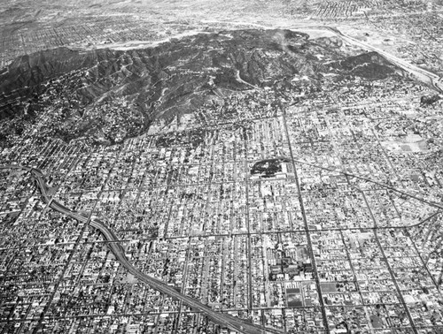 Aerial view of Los Angeles and surrounding vicinity, looking north