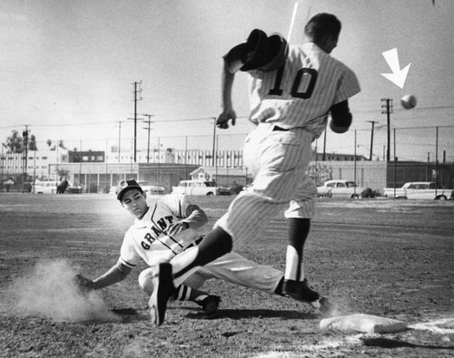 North Hollywood's Gary Koniow (no. 10) safe at first