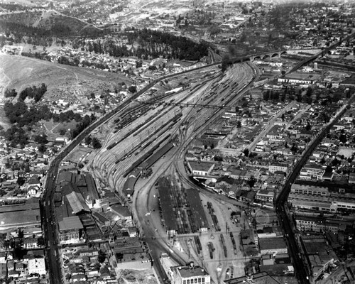 Southern Pacific railroad yard, aerial view