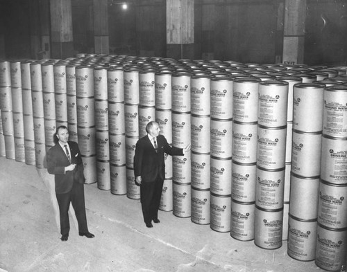 Drums of drinking water stored in downtown