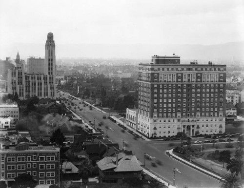 Aerial view of Hoover and Wilshire, view 1