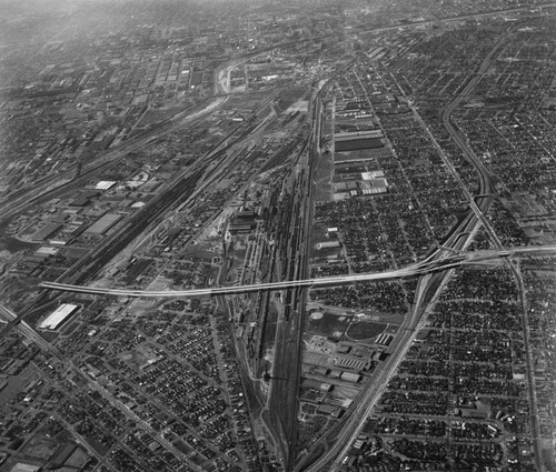 Aerial view of Central Manufacturing District, looking west