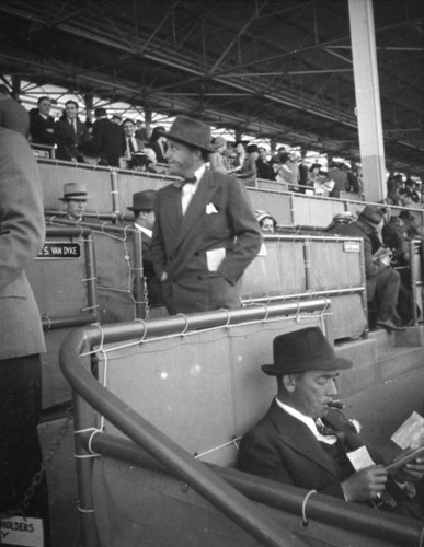 Bing Crosby in box seats at Santa Anita Racetrack