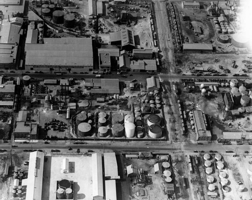 Aerial view of oil refinery tanks, view 3