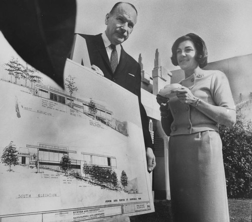 Architect Paul R. Hunter with plans for Junior Art Center at Barnsdall Park