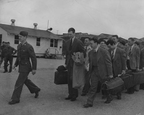 Actor Jimmy Stewart's induction into the United States Army at Fort MacArthur