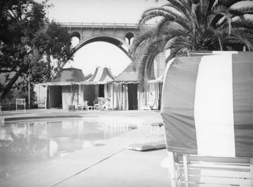 Looking across the Vista del Arroyo Hotel pool at the Colorado Street Bridge