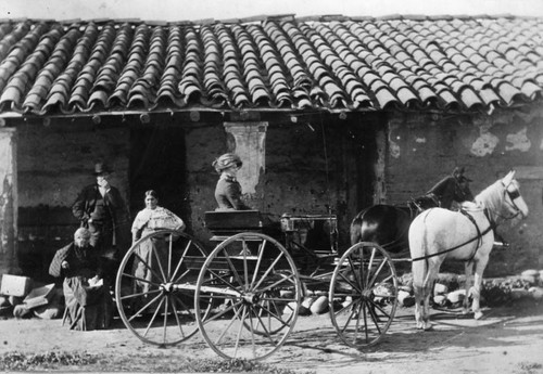 Woman sitting in a two horse carriage