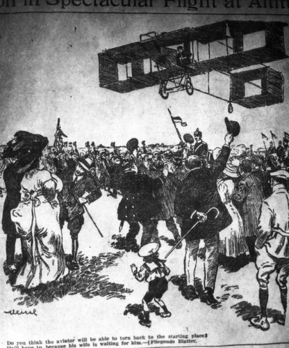 Cartoon of biplane over crowd