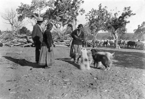 Navajo Indian family members with dogs