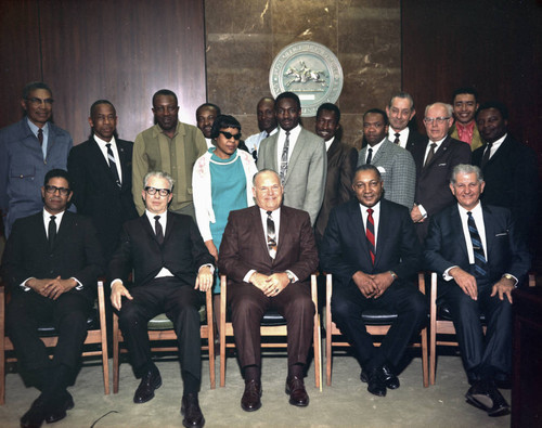 Postmasters Leslie Shaw and Joseph Causey with unidentified group