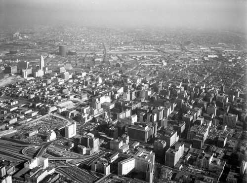 Aerial view of Downtown Los Angeles, looking east