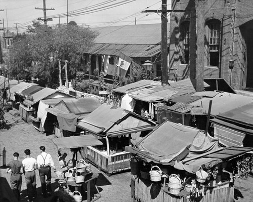 Looking down on vending stands near Avila Adobe