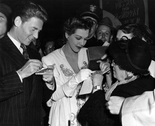 Maria Montez and Jean Pierre Aumont at movie premiere