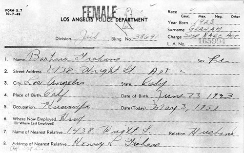 Record of arrest in 1951