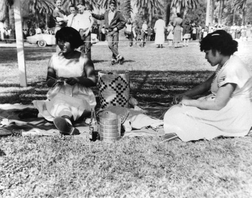 Sherman Indian High School students weaving baskets