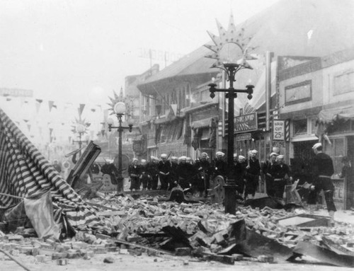 Street of earthquake-damaged buildings