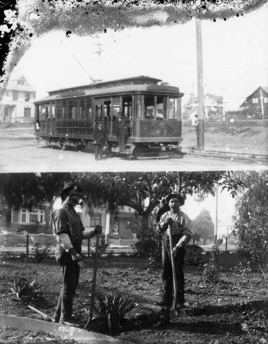 Electric car and two unidentified workers