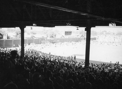 Club house section at Wrigley Field, motion picture baseball game, comedians vs. leading men