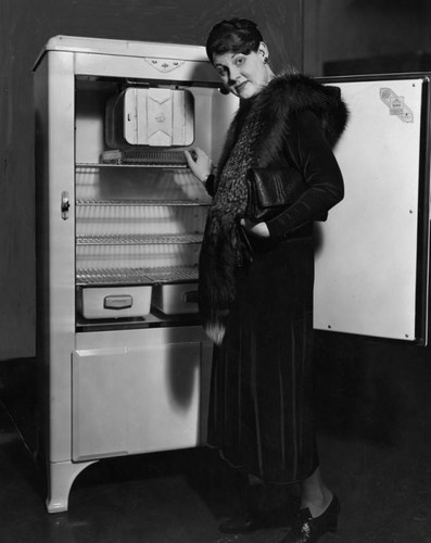 Woman inspects refrigerator