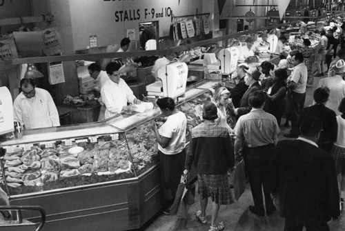 Meat stand aisle at Grand Central Market