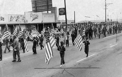 Uniformed Boy Scouts proudly carry massed flags