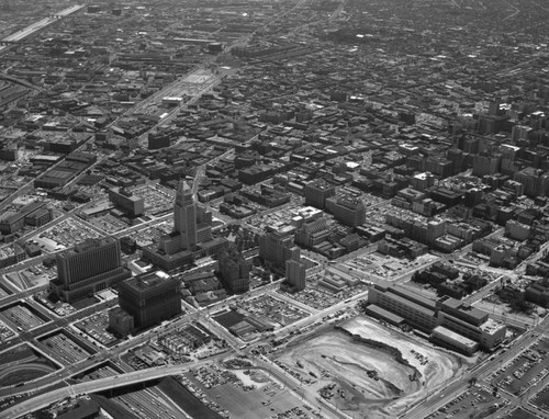 Aerial view of Downtown Los Angeles, looking southeast