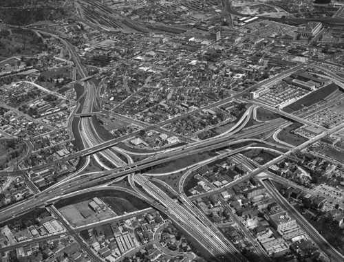 Aerial view of Downtown Los Angeles, looking east