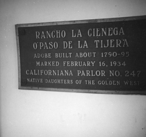 Rancho La Cienega o Paso de la Tijera adobe plaque