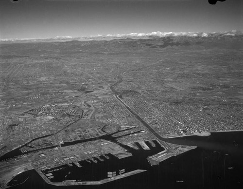 Aerial view of Long Beach, Port of Long Beach, looking northeast