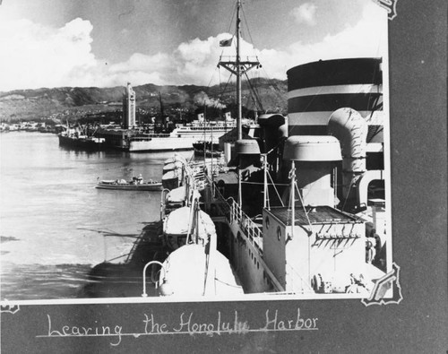 View of Kamakura Maru leaving Honolulu Harbor