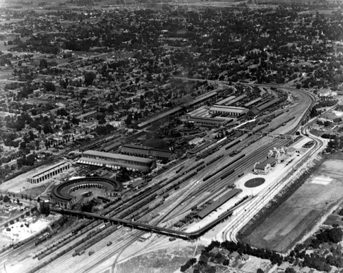 Santa Fe railroad yard, aerial view