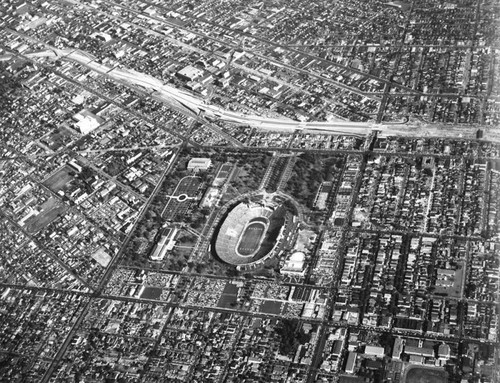 Exposition Boulevard, Martin Luther King Jr. Boulevard, Figueroa Street and 110 Freeway, looking east