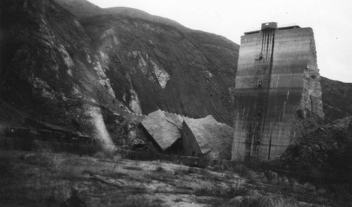 "Tombstone" and large chunks of concrete, St. Francis Dam