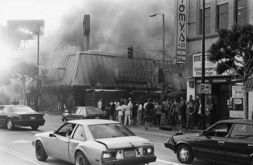 Building burning during 1992 L.A. riots